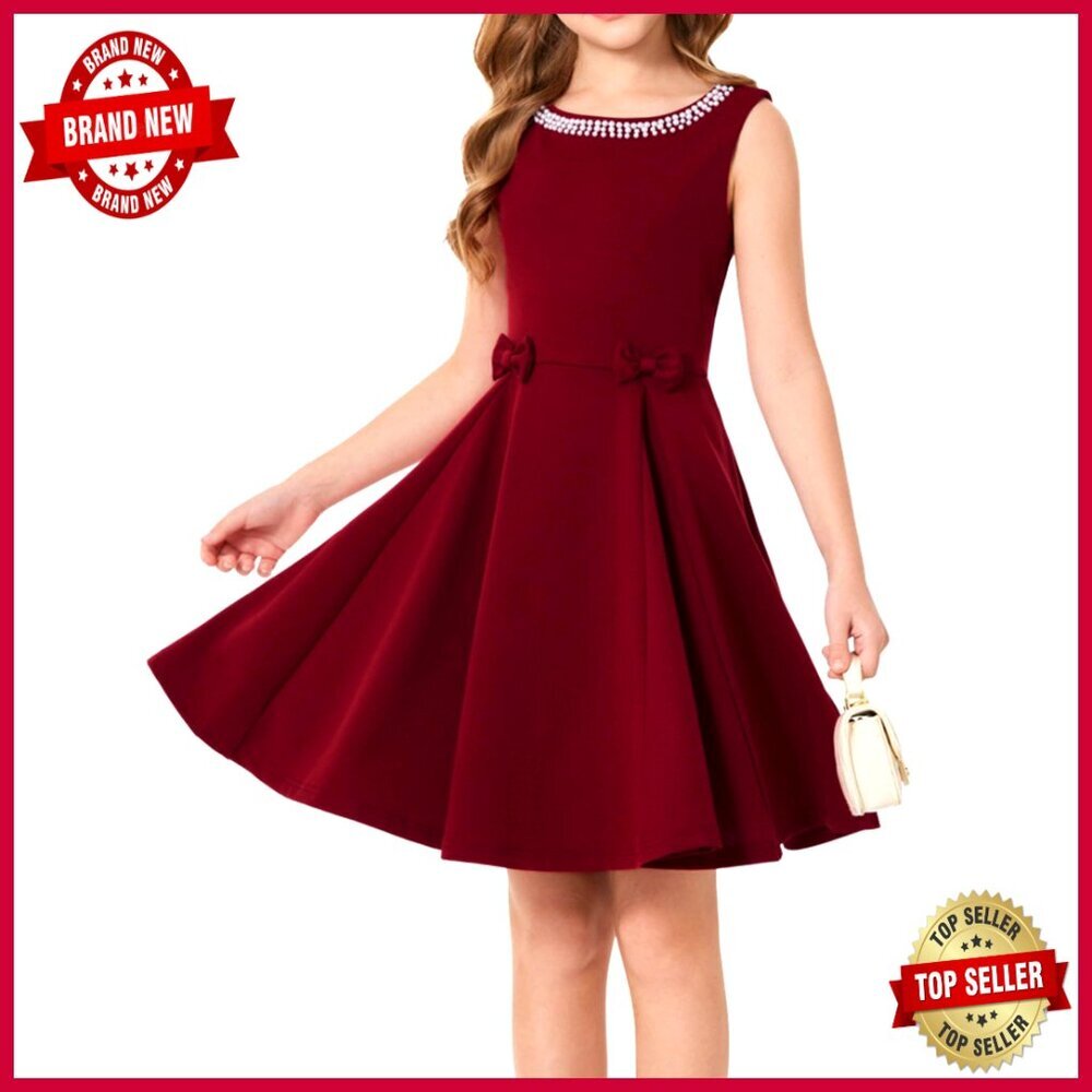 Girls Sleeveless Midi Dress Elegant Formal Party Wear with Sparkle Neckline